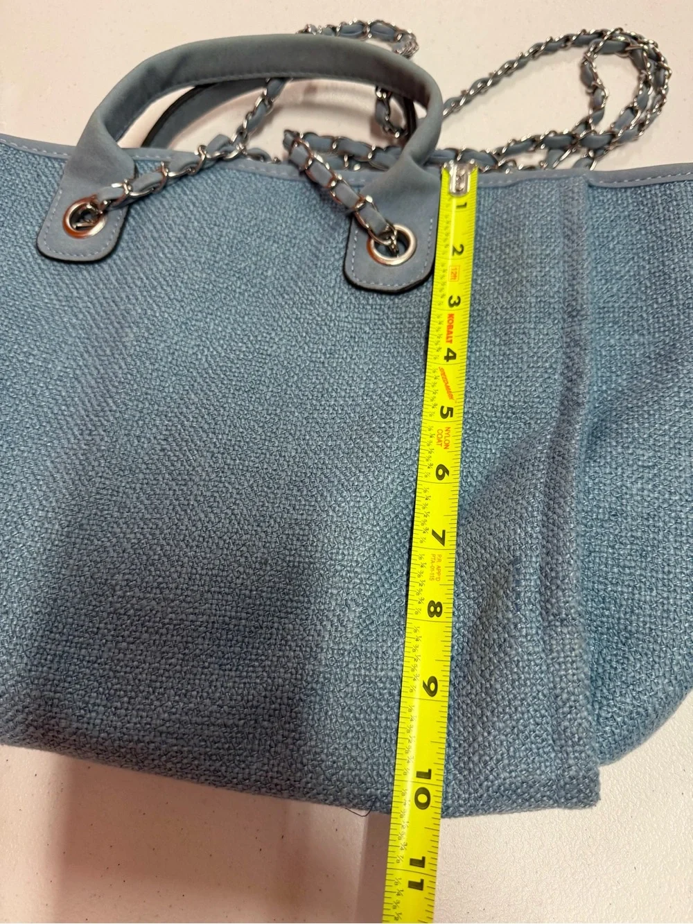 Blue “THE TOTEBAG” Large Woven Tote Shoulder Bag Chain Straps Top Handle B332